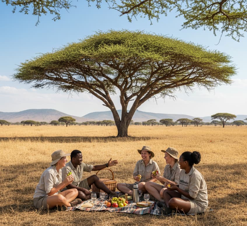 Tourists enjoying a picnic lunch under an acacia tree at Lake Nakuru National Park.