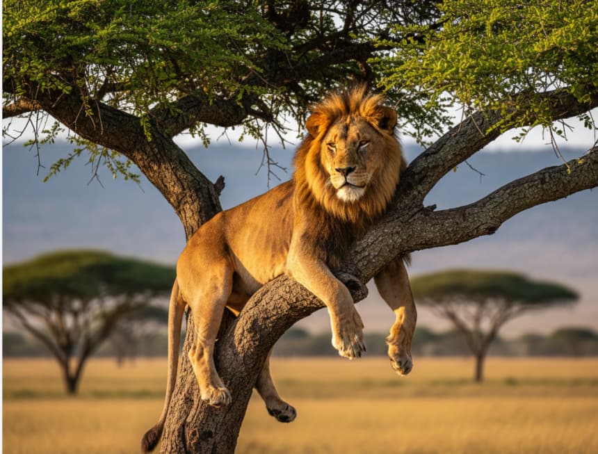 Male lion resting on a tree branch in Lake Nakuru National Park, Kenya.
