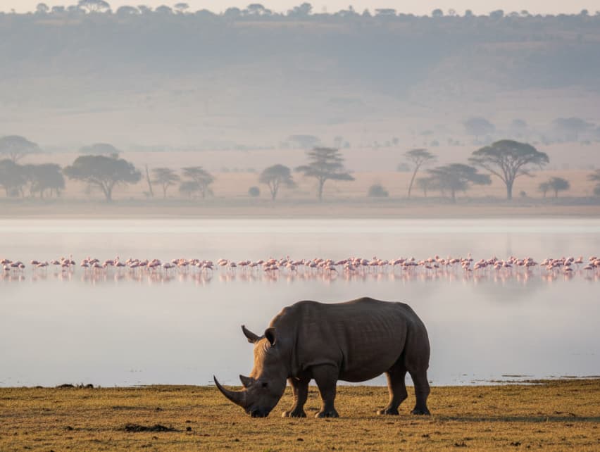 White rhino grazing near Lake Nakuru with flamingos in the background