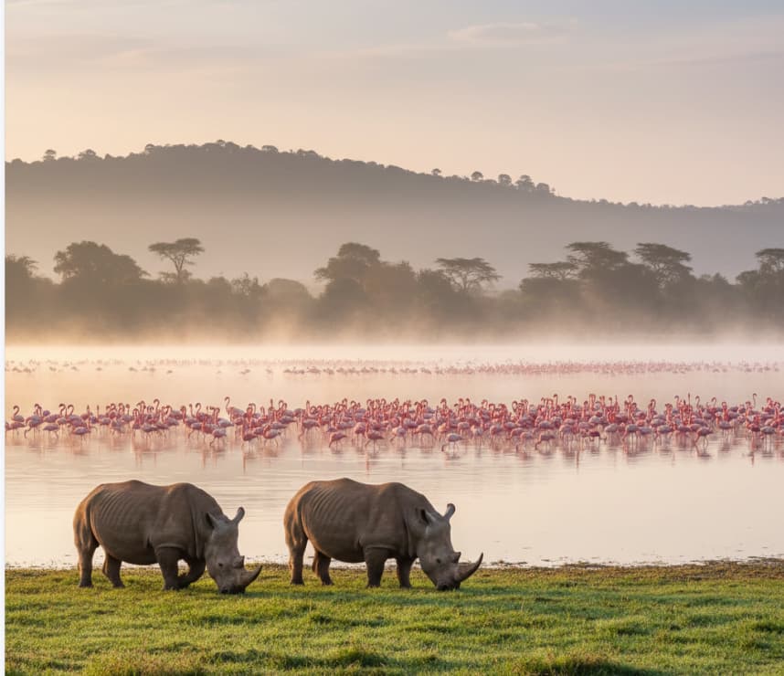 White rhinos grazing near flamingos at Lake Nakuru National Park.