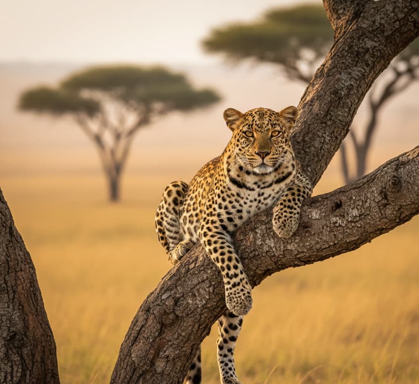 Leopard resting on a tree branch in Masai Mara during an afternoon safari game drive
