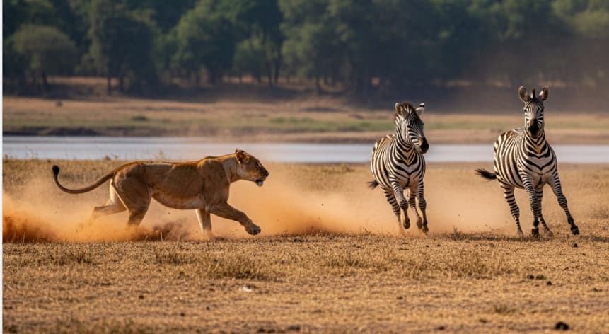 3 Days Samburu Flying Safaris 2 Intense wildlife action photo showing a lioness starting a chase and kicking up red dust while charging at two zebras near a riverbank. Captured during a Kenya safari, this image highlights the authentic predator-prey dynamics of the African wilderness.