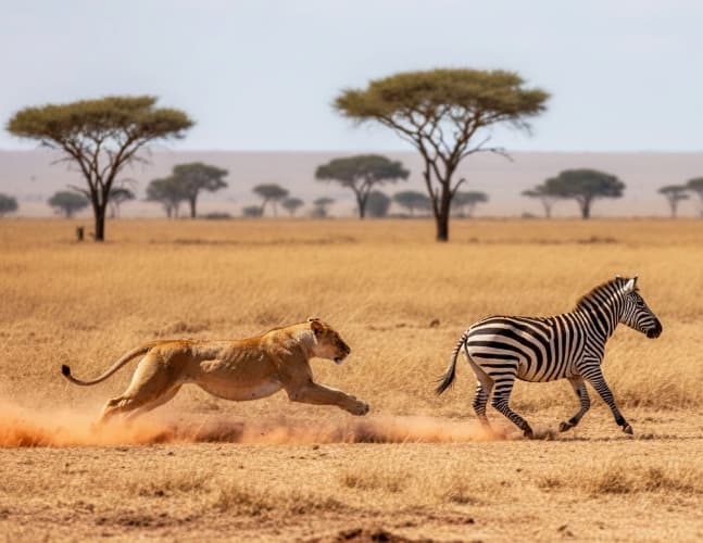 Professional photo of a female lioness chasing a zebra at high speed across the dry, dusty plains of the Masai Mara savannah, capturing the intense wildlife action and predator-prey dynamics in Kenya.
