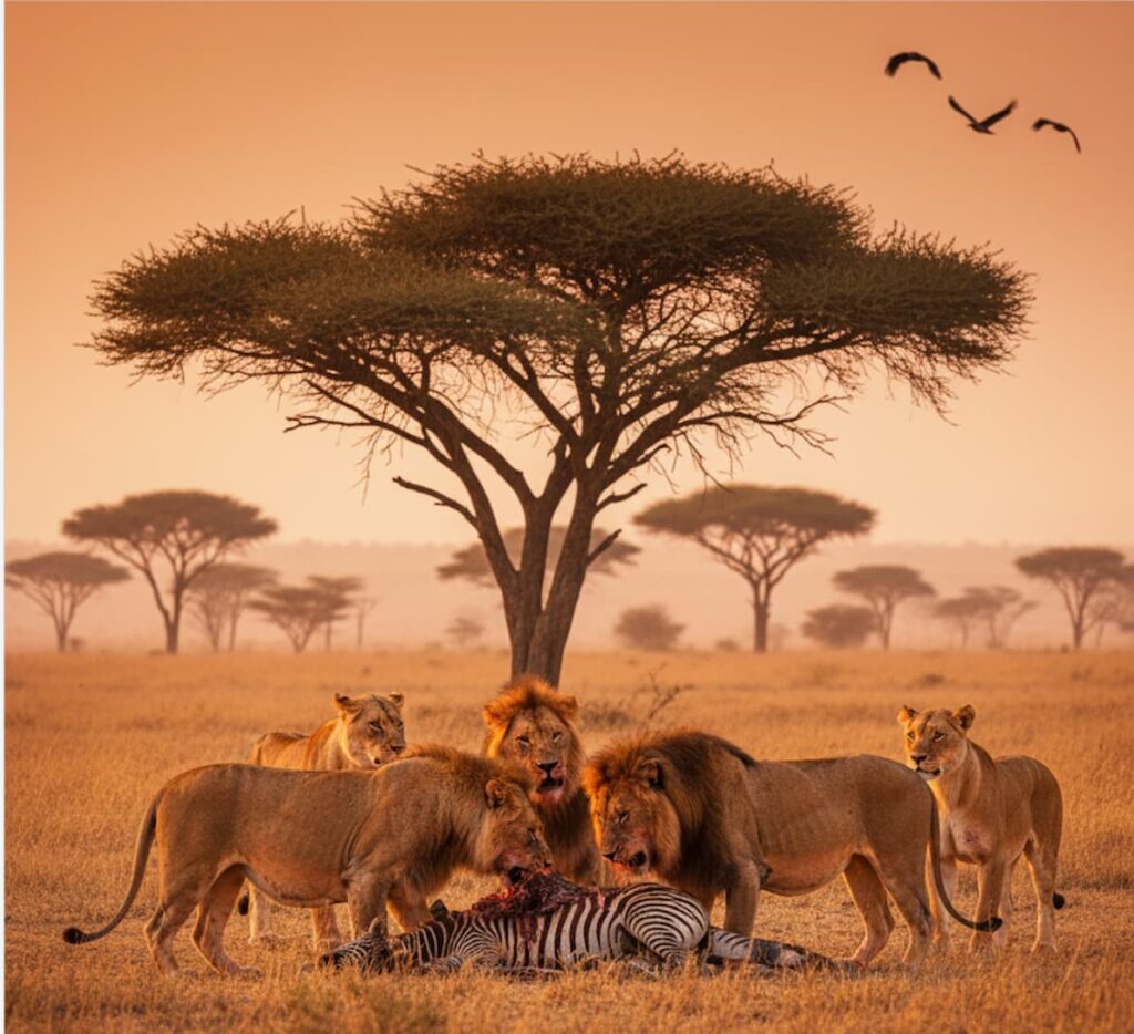 lions feasting on zebra- masai mara kenya
