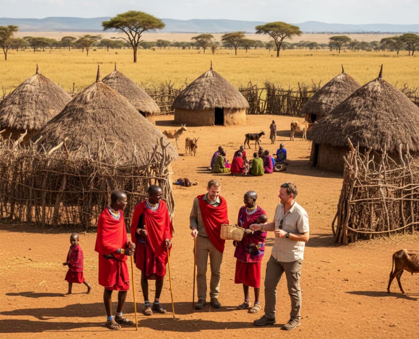 Authentic Maasai village tour in Kenya, showing European tourists interacting with Maasai warriors and women in traditional shuka near thatched-roof manyatta huts. A genuine cultural experience on a Masai Mara safari.