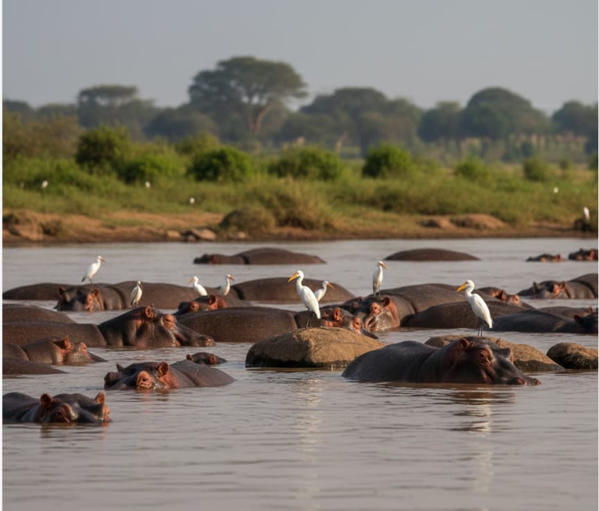 Hippos resting in the Mara River during a Masai Mara safari