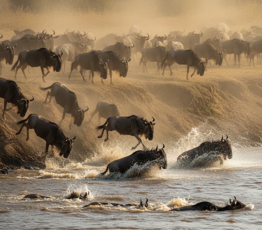 Wildebeest crossing the Mara River during the Great Migration in Masai Mara, Kenya