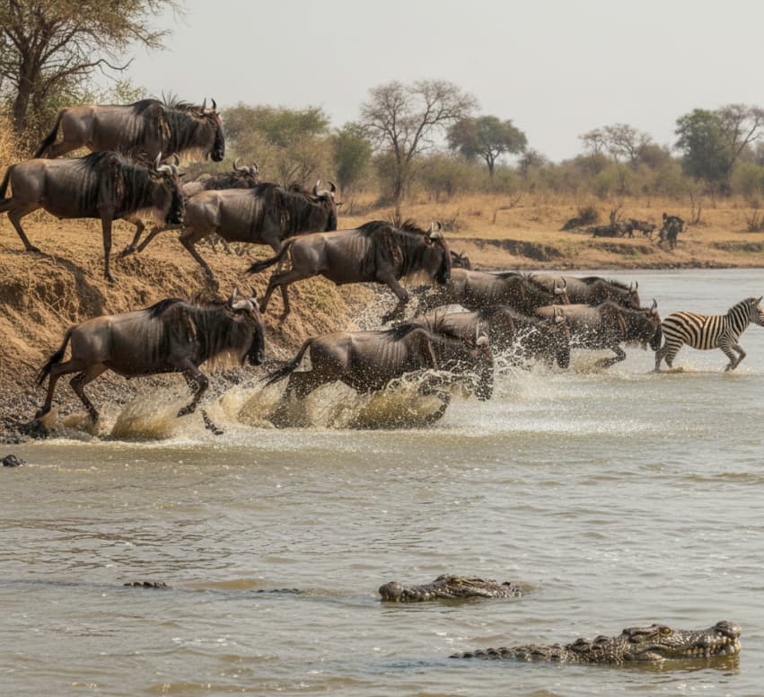 Wildebeest crossing the Mara River during the Great Migration in Masai Mara