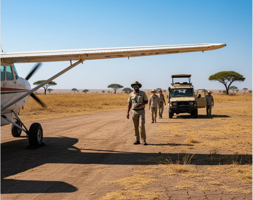 2 Days Masai Mara Flying Package 5 Safari plane at a Masai Mara airstrip with a guide and 4×4 Land Cruiser ready for guest transfers.