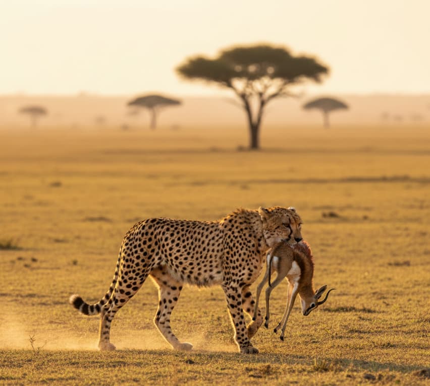 Majestic cheetah walking across Masai Mara plains carrying antelope prey, Kenya.