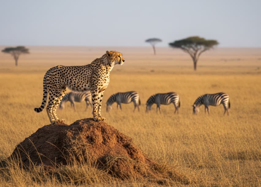 2 Days Masai Mara Flying Package 2 Cheetah on a termite mound in Masai Mara with zebras grazing in the background.