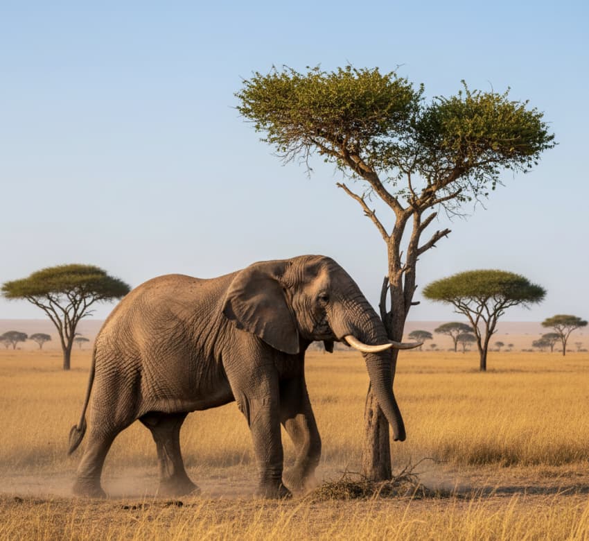 Elephant struggling to bring down a young acacia tree in Masai Mara, Kenya.
