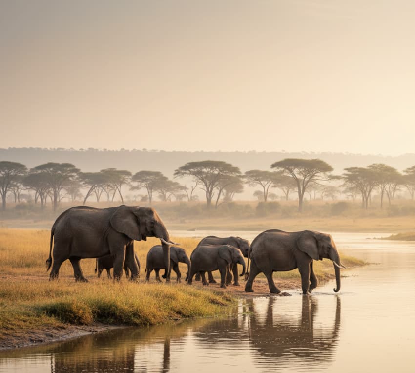 Herd of elephants near a watering hole in Masai Mara National Reserve