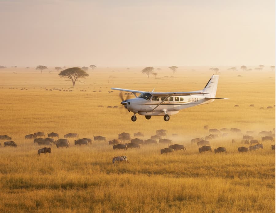 3 Days Masai Mara Flying Package 5 Small safari plane flying over the Masai Mara savannah with wildlife visible below.