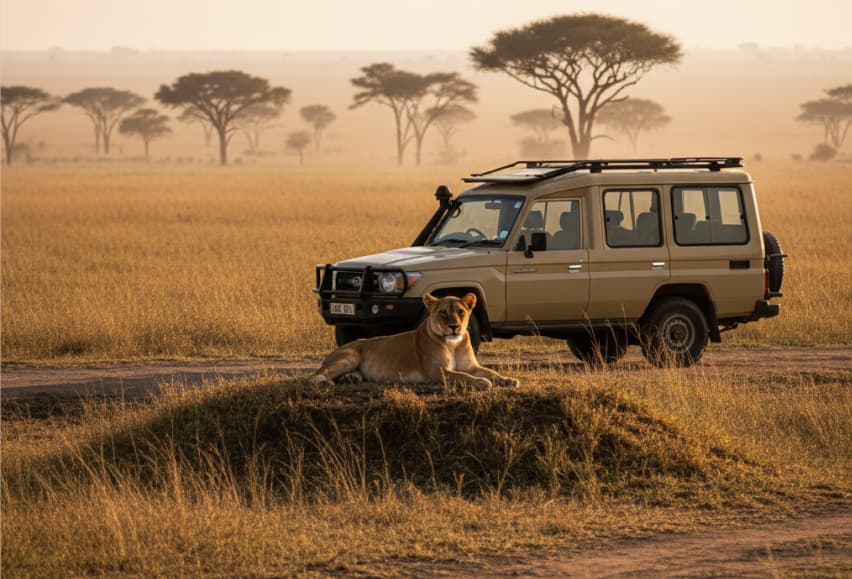 3 Days Masai Mara Flying Package 4 An abandoned 4x4 Land Cruiser near a lioness in the Masai Mara used for game drive.