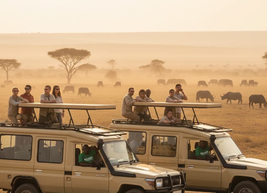 Group joining safari guests watching buffalos and rhinos at Masai Mara during sunrise.