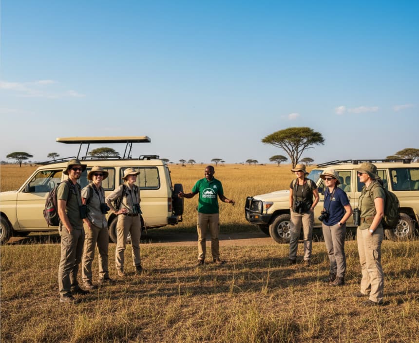 Group joining safari tourists standing near tour vehicles in Masai Mara Kenya.