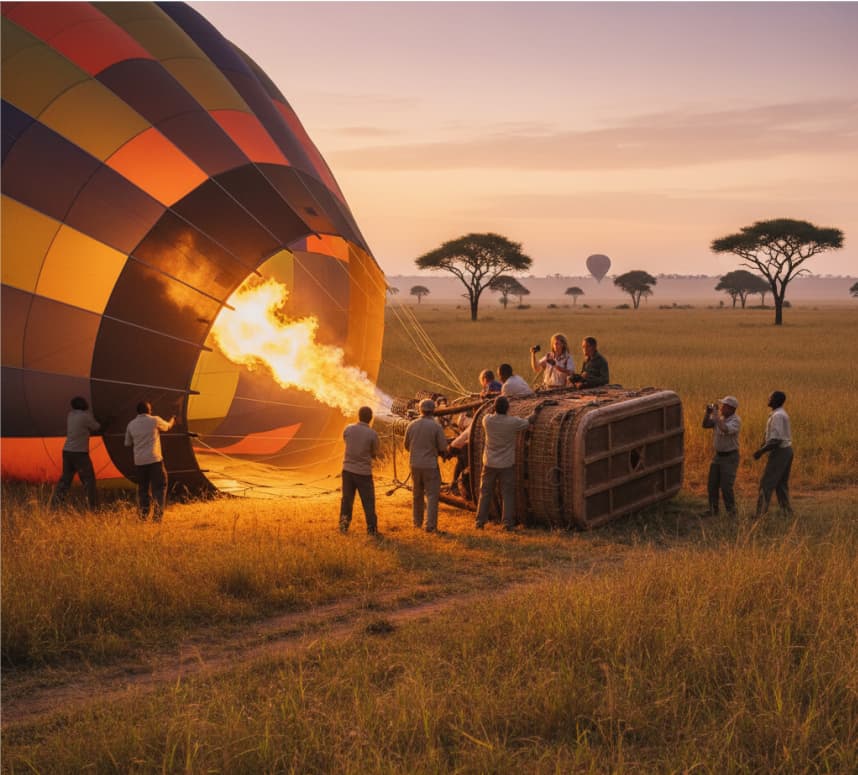 Operators launching a hot air balloon as tourists board in Masai Mara National Reserve, Kenya.