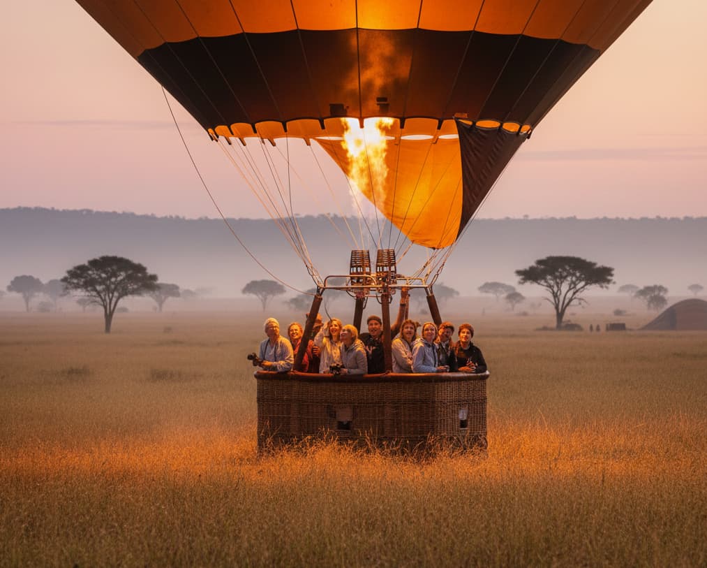 Hot air balloon taking off with tourists in Masai Mara.