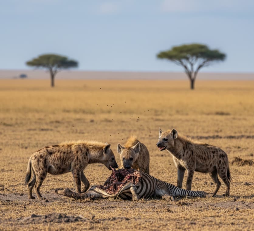 Hyenas scavenging on a zebra carcass in a natural savannah environment.