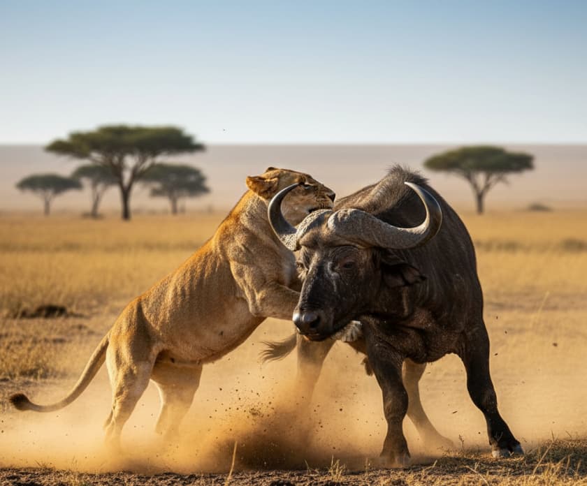 Buffalo struggling to escape a lioness during a wildlife encounter in Masai Mara Kenya.