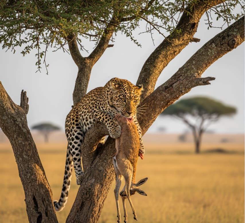 Leopard feeding on a gazelle while resting on a tree branch in Lake Nakuru National Park Kenya.