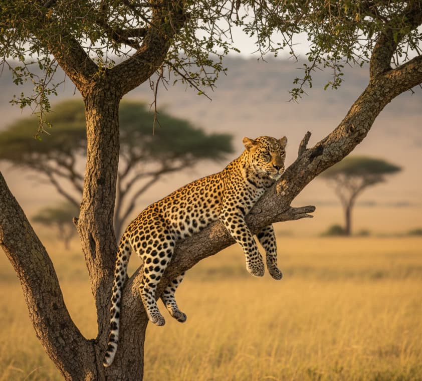 Leopard resting on an acacia tree branch in Masai Mara National Reserve.