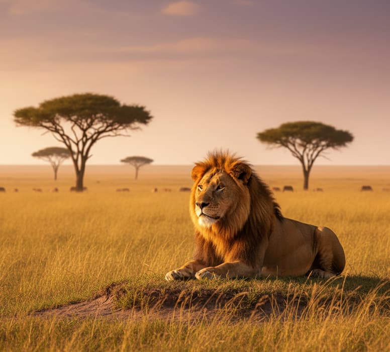 Male lion resting in the grassy plains of Masai Mara National Reserve, Kenya