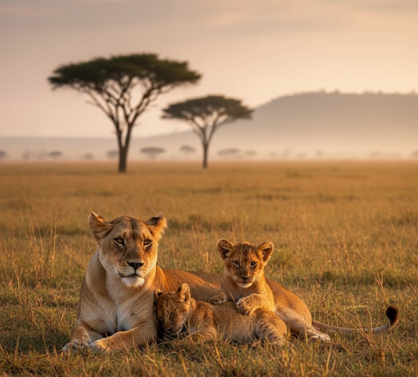 Lioness resting with her cubs on the Masai Mara savannah seen during a Kenya safari.