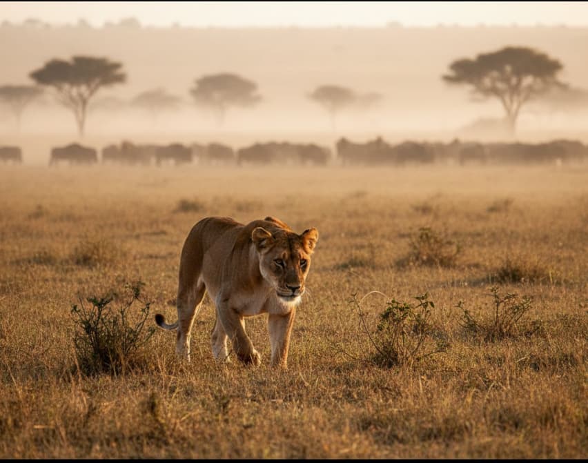 a female lion in a hunting posture in masai mara during the great wildebeest migration
