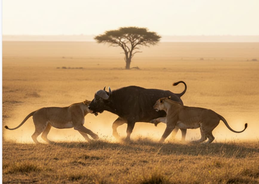 Pride of lions hunting a buffalo on the Masai Mara plains, Kenya.