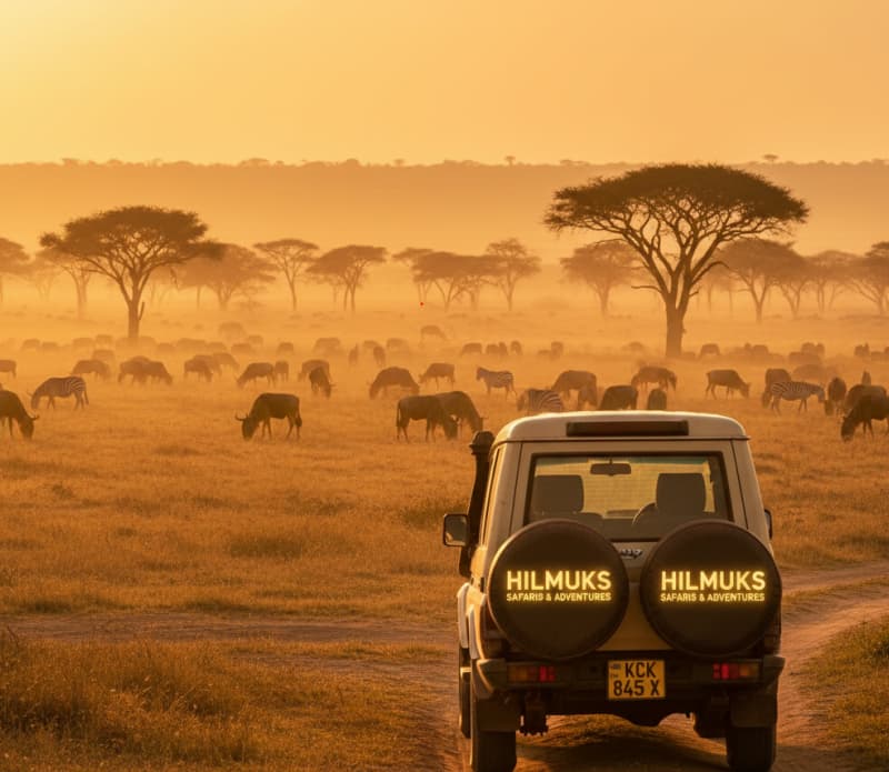 Safari Land Cruiser in Masai Mara with wildebeest and zebras at golden hour