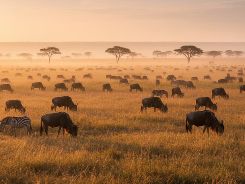 Golden sunrise over the Masai Mara plains with wildebeest herds grazing during migration season