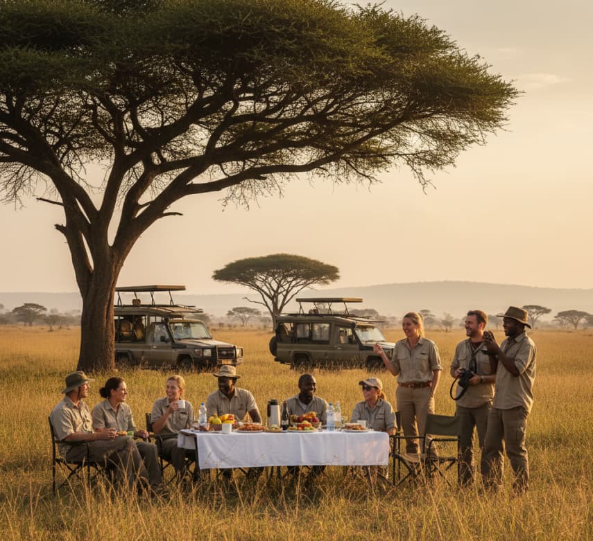 Tourists having lunch during a game drive observing wildlife in Masai Mara National Reserve, Kenya.