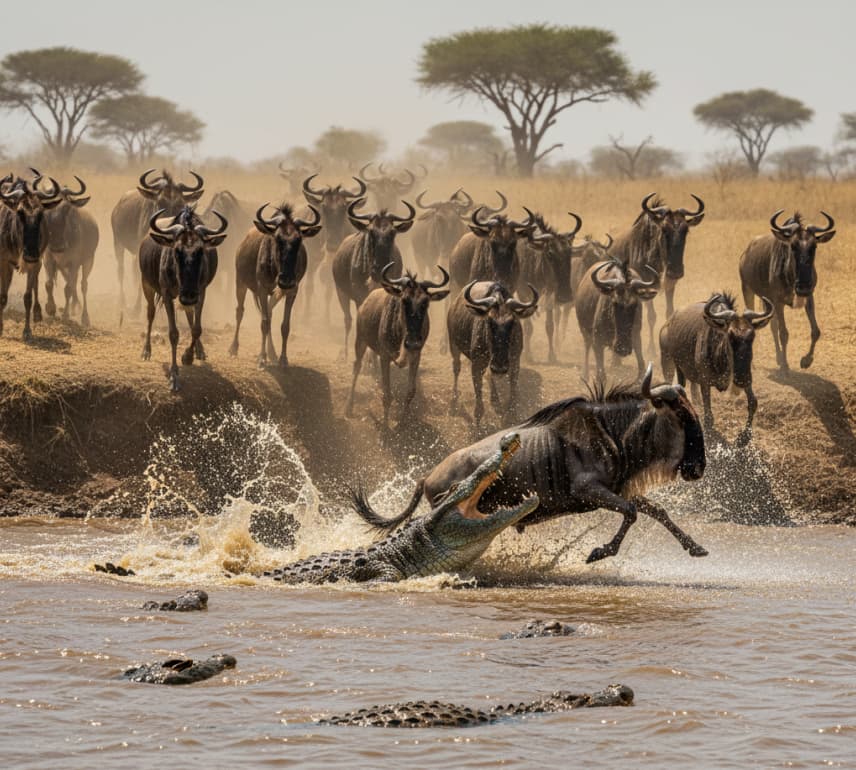 Great Wildebeest Migration in Masai Mara with a crocodile attacking a wildebeest in the river, Kenya.