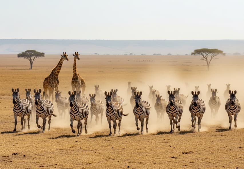 Zebras and giraffes running across the Masai Mara plains, Kenya, sensing danger.