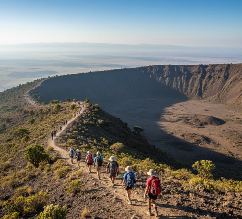 Hikers climbing the Mt. Longonot crater trail during a day trip from Nairobi.