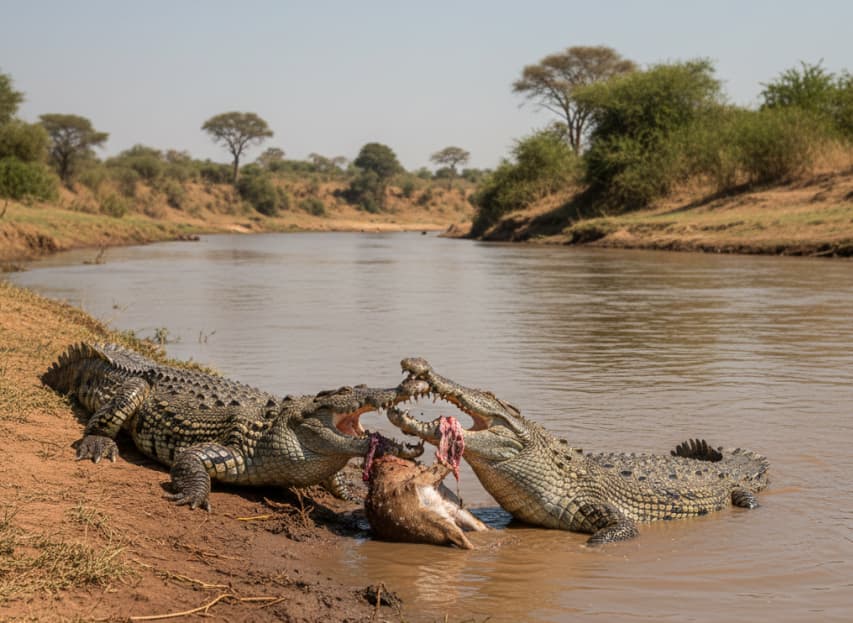 3 Days Masai Mara Flying Package 3 Authentic wildlife photo showing two large Nile crocodiles scavenging on game meat on the muddy bank of the Mara River during the day in Masai Mara, highlighting the natural predatory dynamics.