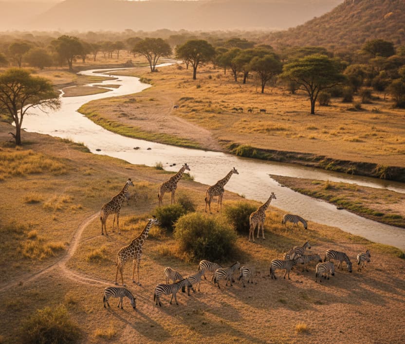 3 Days Samburu Flying Safaris 1 Aerial view of reticulated giraffes and Grevy’s zebras grazing near Ewaso Nyiro River in Samburu National Reserve, Kenya.