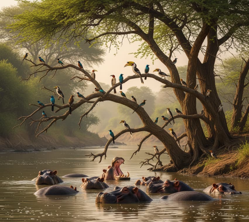 3 Days Samburu Flying Safaris 3 Birdwatching scene with colorful birds and hippos in Ewaso Nyiro River, Samburu National Reserve, Kenya.