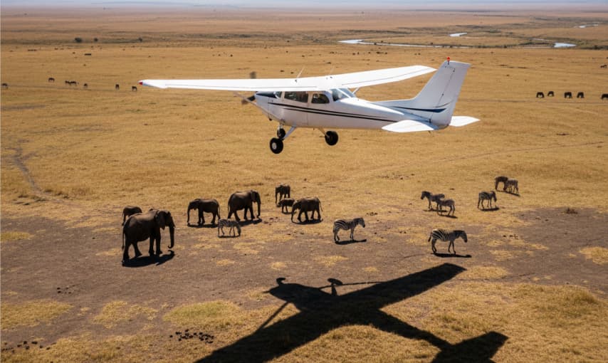 3 Days Samburu Flying Safaris 5 Small chartered plane flying over wildlife in Samburu National Reserve, Kenya, offering aerial safari experience.