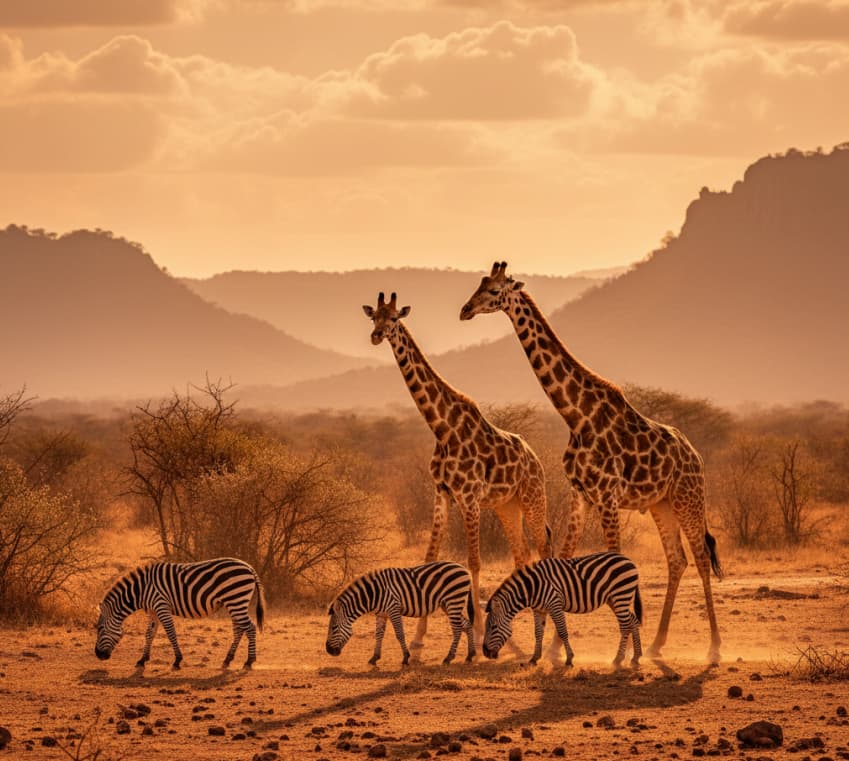 Reticulated giraffes and Grevy’s zebras in Samburu Game Reserve during golden hour