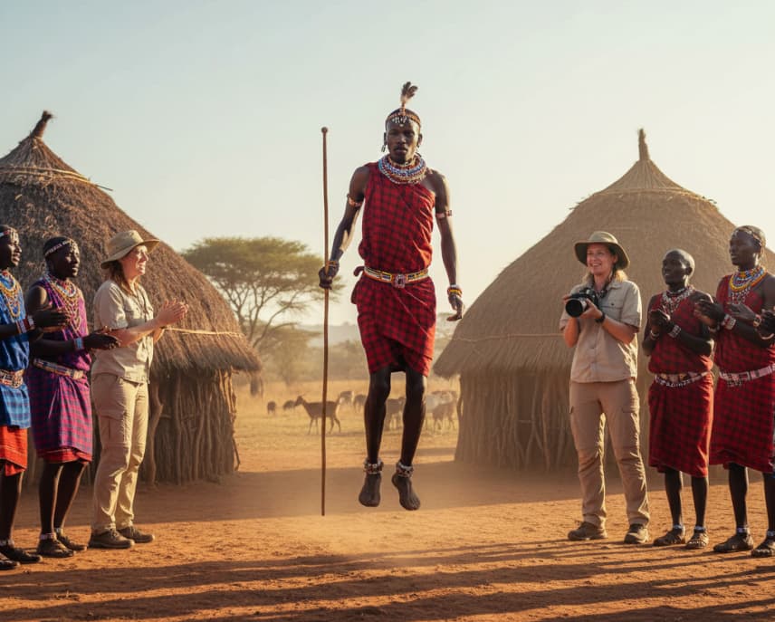 3 Days Samburu Flying Safaris 4 Samburu warrior performing traditional dance with tourists watching in Samburu National Reserve, Kenya.