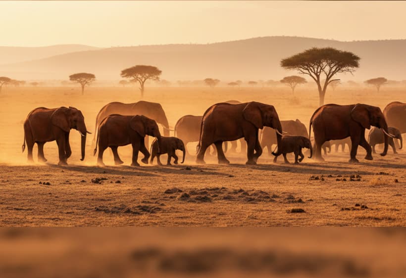 Red-dusted elephants walking across the plains of Tsavo East National Park, Kenya.