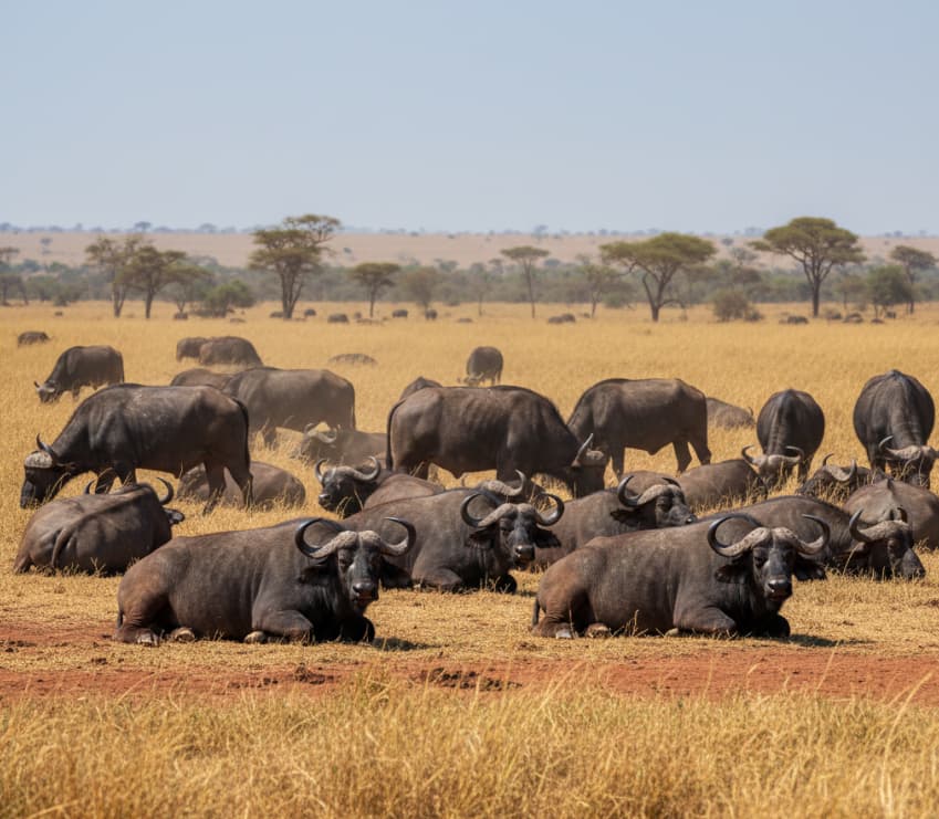 A relaxed herd of African buffalo grazing and resting on the dry, sunlit plains of Tsavo National Park, Kenya, at midday.