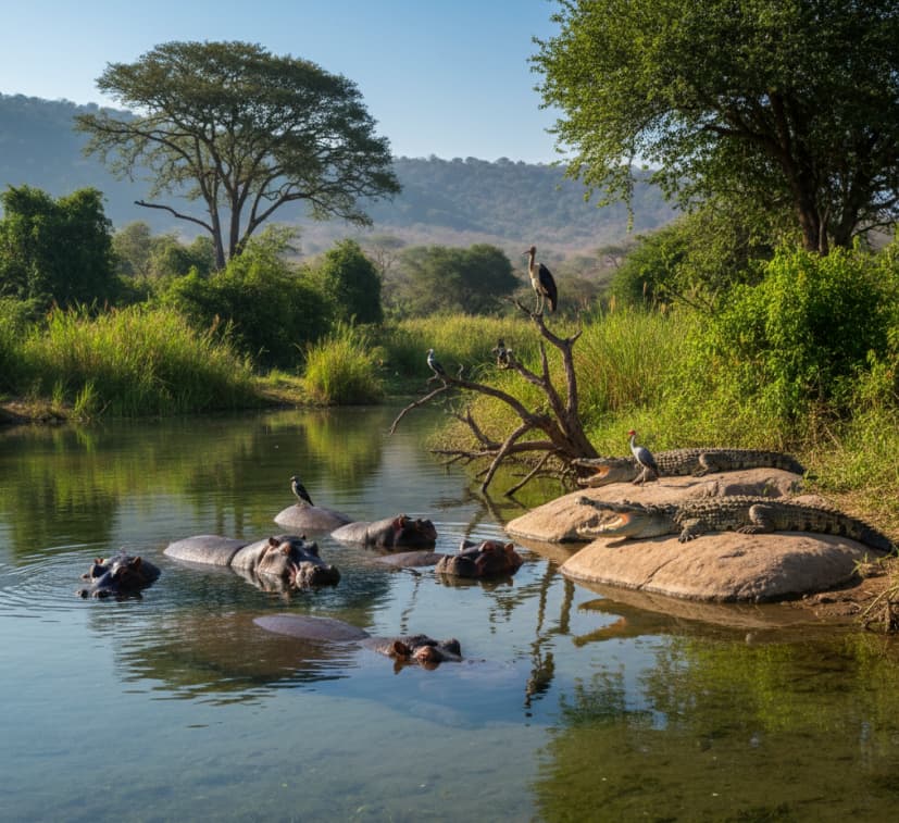Hippos in Mzima Springs with crocodiles and birds in Tsavo West National Park, Kenya.
