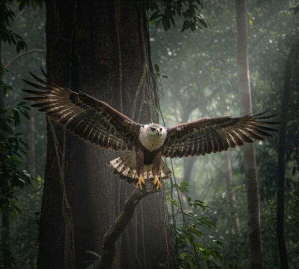 African Crowned Eagle taking off from a tree inside Mabira Forest Uganda