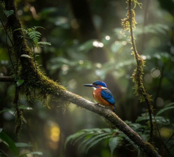 African Dwarf Kingfisher perched on a branch in Mabira Forest Uganda
