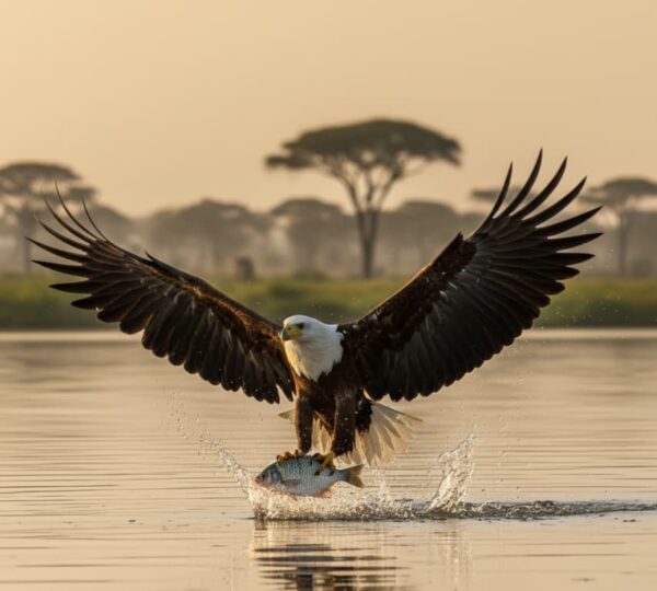 African Fish Eagle swooping to catch a fish on Lake Naivasha.