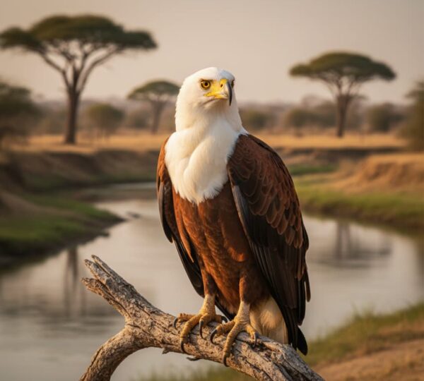 frican Fish Eagle perched on a branch over the Tarangire River with acacia trees, Tanzania